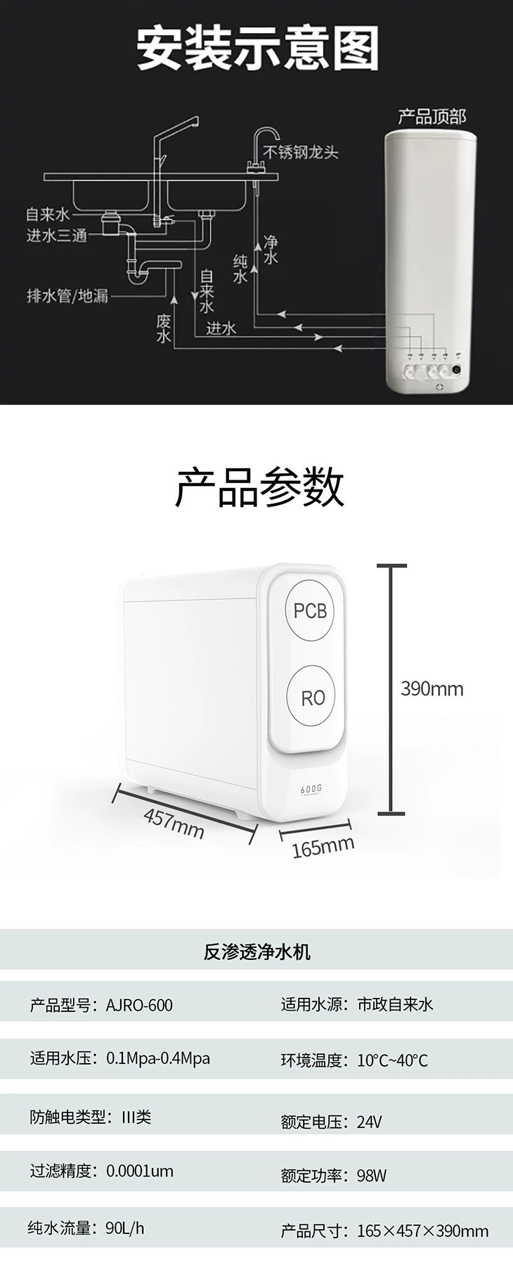 万宝净水器600G厨下式家用净水