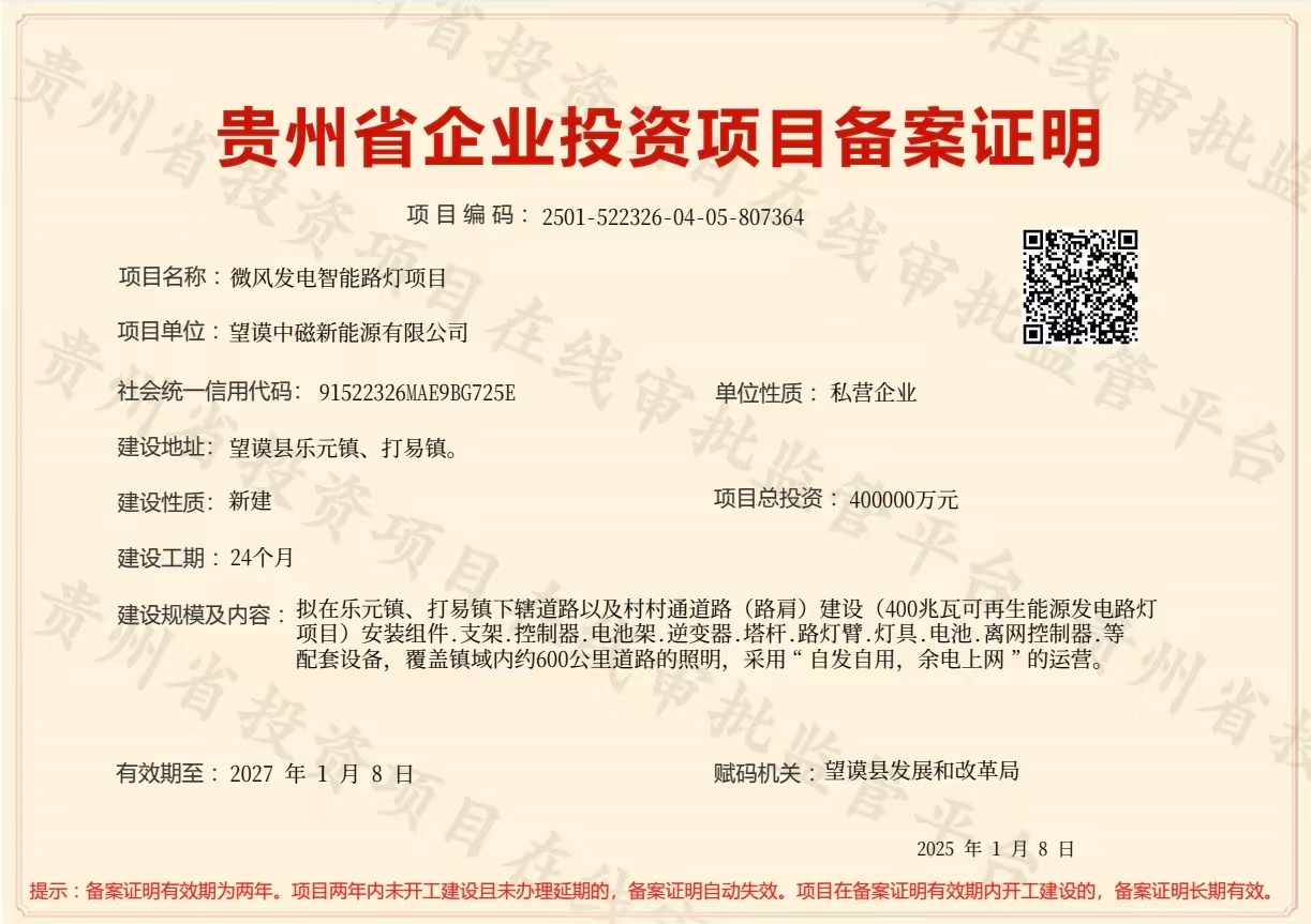 贵州省望谟县中磁新能源微风发电智能路灯项目