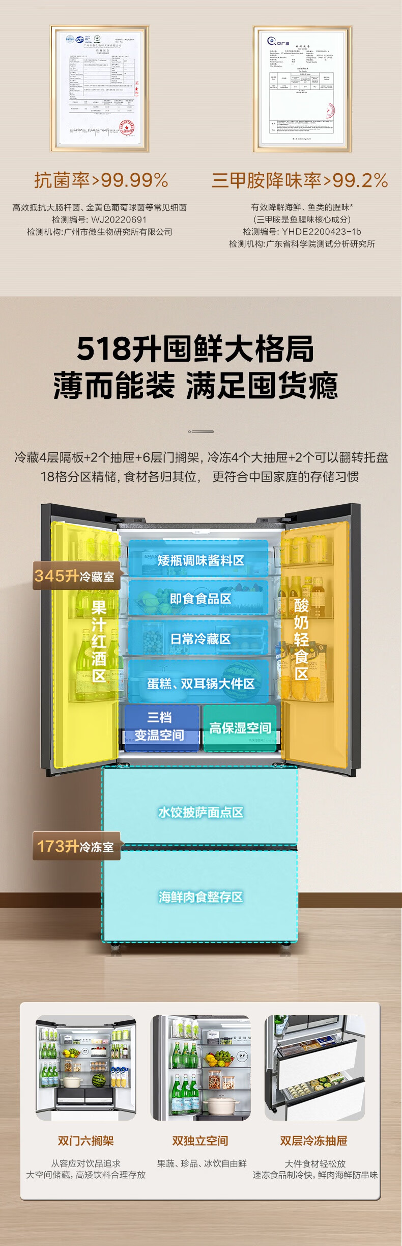 美的BCD-518WFGPZM(E)冰釉白得心 法式四门冰箱