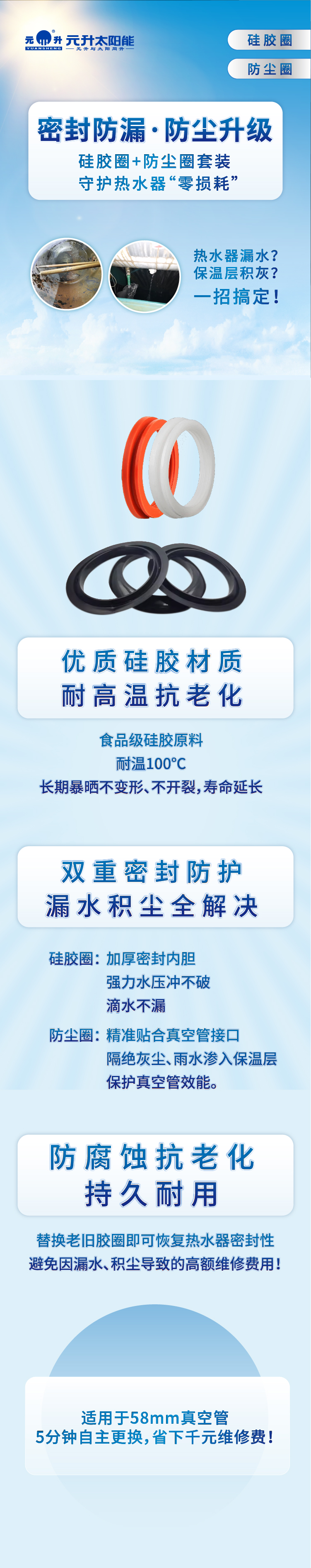 元升太阳能热水器配件密封圈硅胶圈适配58玻璃管真空管耐高温