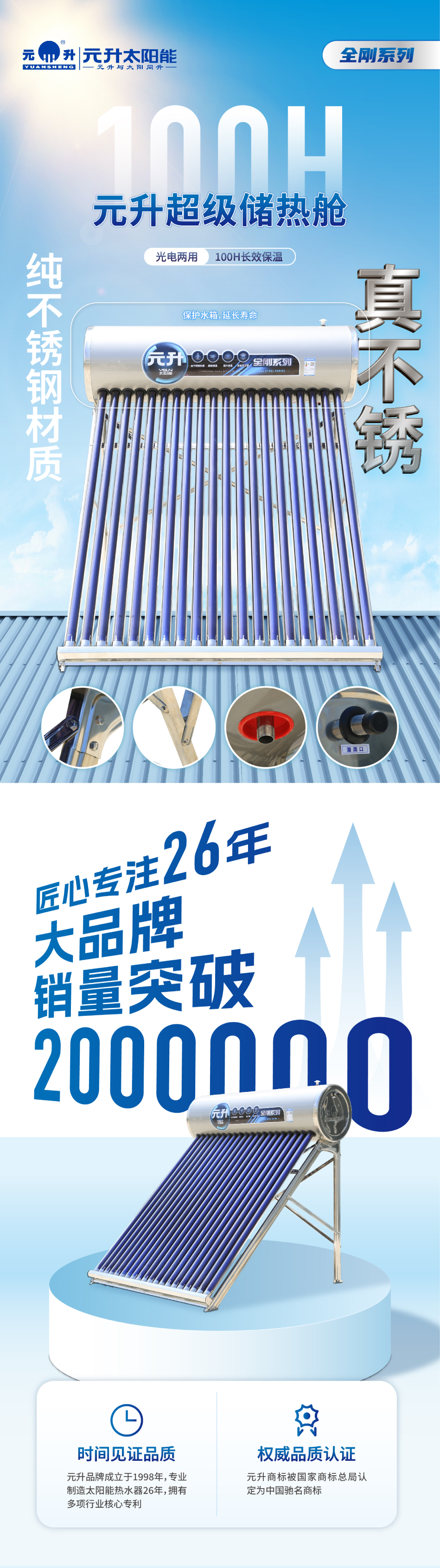 元升全钢系列201家用不锈钢太阳能热水器 一级能效 最高全年0电费