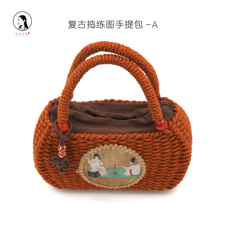 复古捣练图手提包