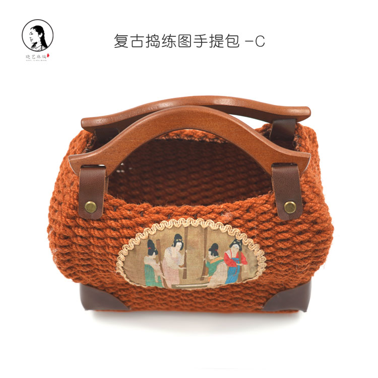 复古捣练图手提包