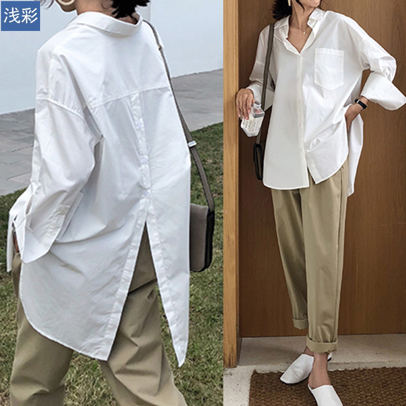 大版型女式衬衫 2021春大码宽松时尚设计感上衣 白色通勤休闲衬衣