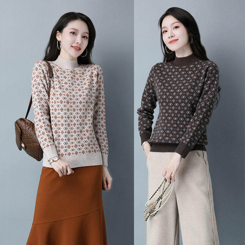 2021女式针织衫碎花新品半高领长袖印花厚款针织套头中年女装毛衣
