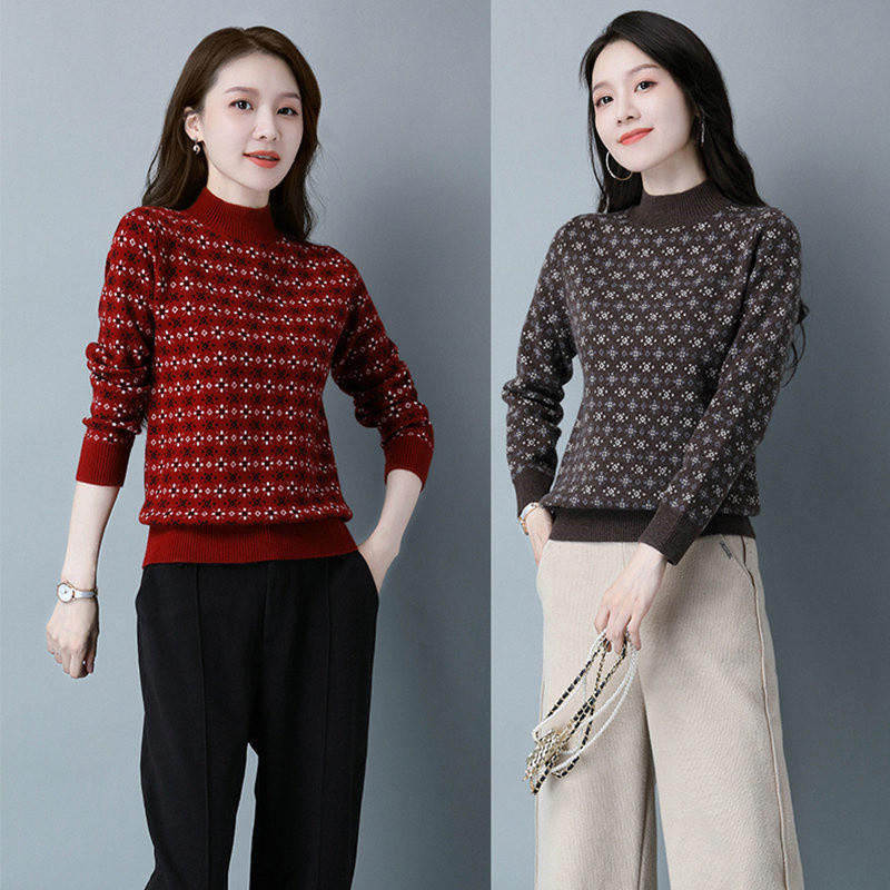 2021女式针织衫碎花新品半高领长袖印花厚款针织套头中年女装毛衣