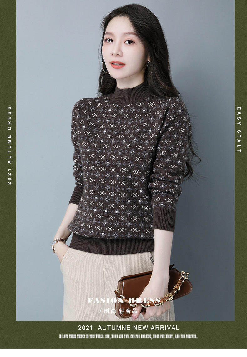 2021女式针织衫碎花新品半高领长袖印花厚款针织套头中年女装毛衣