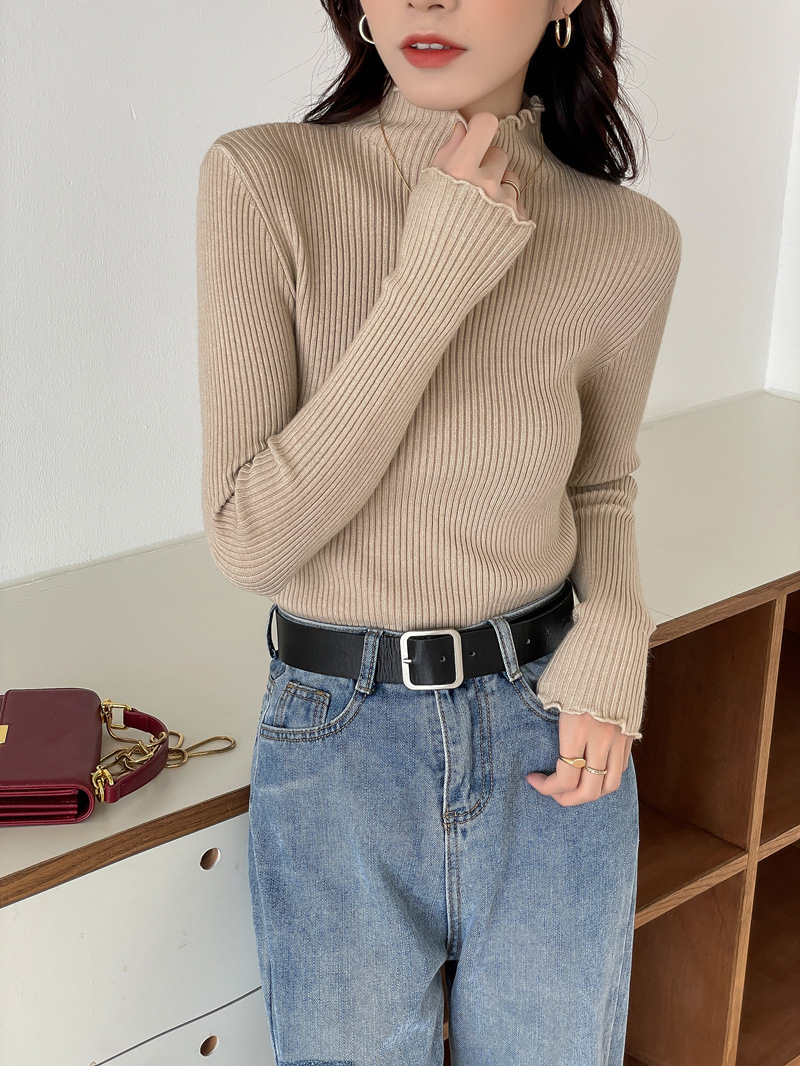 秋冬甜美内搭针织衫加厚款半高领打底衫洋气木耳边毛衣女式上衣