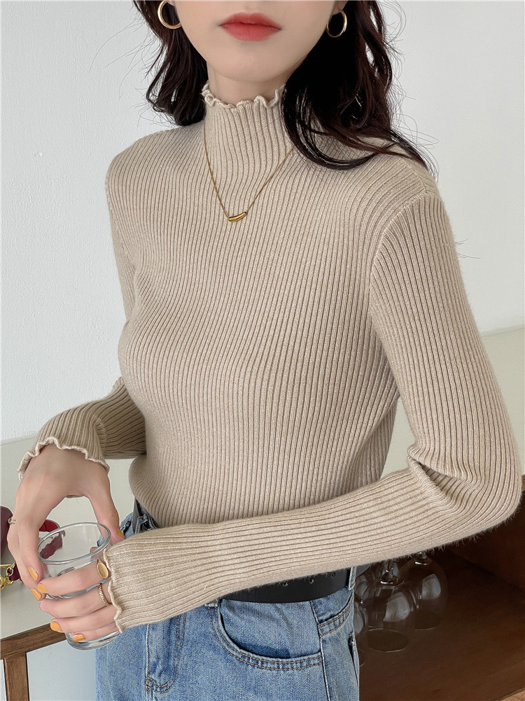 秋冬甜美内搭针织衫加厚款半高领打底衫洋气木耳边毛衣女式上衣