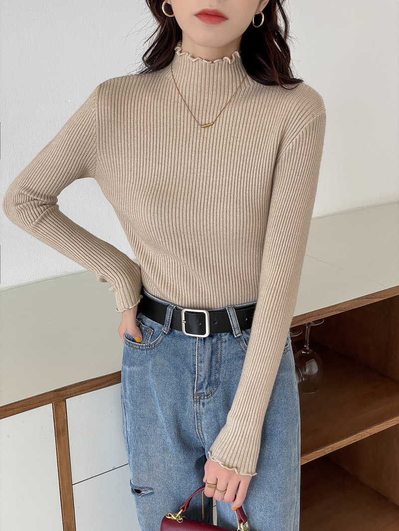 秋冬甜美内搭针织衫加厚款半高领打底衫洋气木耳边毛衣女式上衣