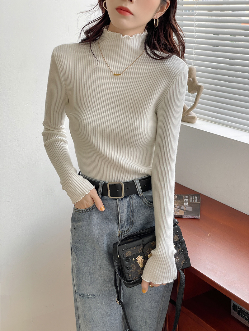 秋冬甜美内搭针织衫加厚款半高领打底衫洋气木耳边毛衣女式上衣