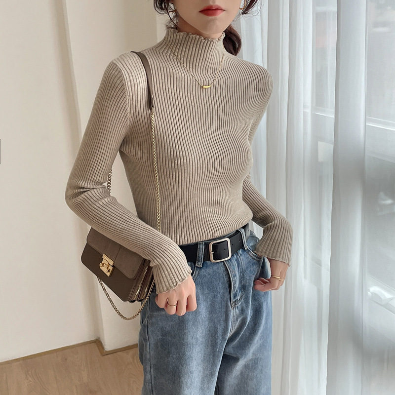 秋冬甜美内搭针织衫加厚款半高领打底衫洋气木耳边毛衣女式上衣