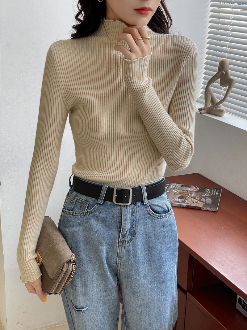 秋冬甜美内搭针织衫加厚款半高领打底衫洋气木耳边毛衣女式上衣