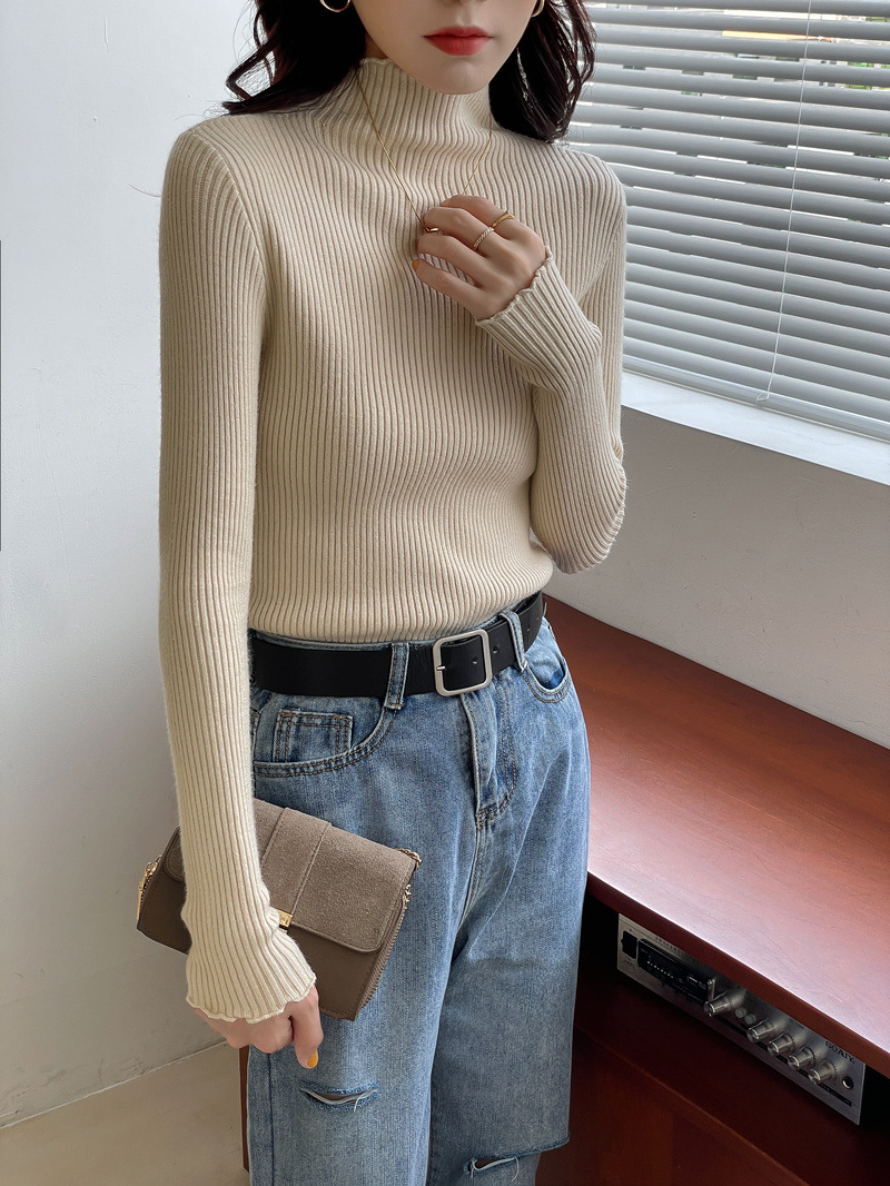 秋冬甜美内搭针织衫加厚款半高领打底衫洋气木耳边毛衣女式上衣