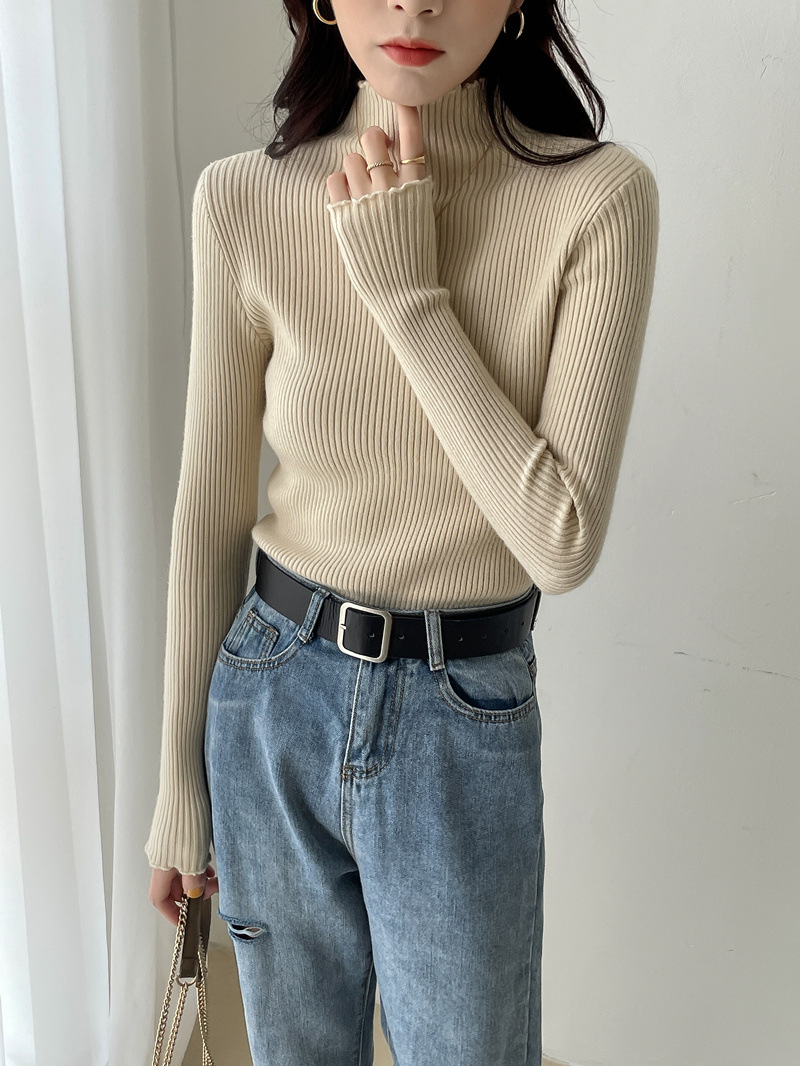 秋冬甜美内搭针织衫加厚款半高领打底衫洋气木耳边毛衣女式上衣