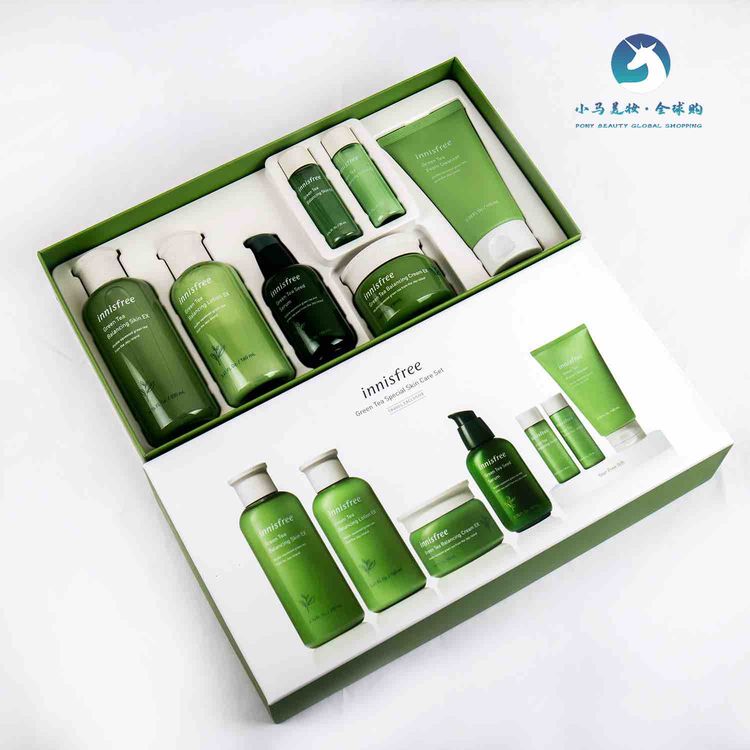 韩国 innisfree悦诗风吟 绿茶七件套补水保湿平衡水油洗面奶100ml爽肤水200ml乳液160ml精华80ml面霜50ml赠品爽肤水15ml+乳液15ml