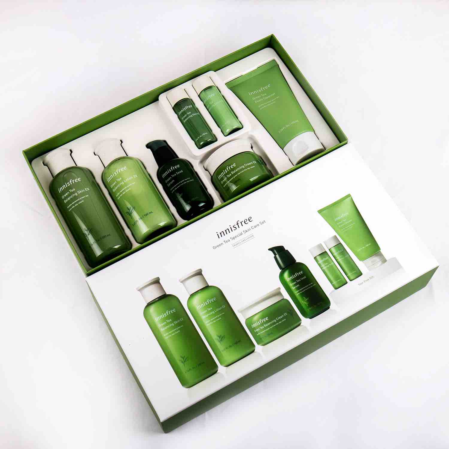 韩国 innisfree悦诗风吟 绿茶七件套补水保湿平衡水油洗面奶100ml爽肤水200ml乳液160ml精华80ml面霜50ml赠品爽肤水15ml+乳液15ml