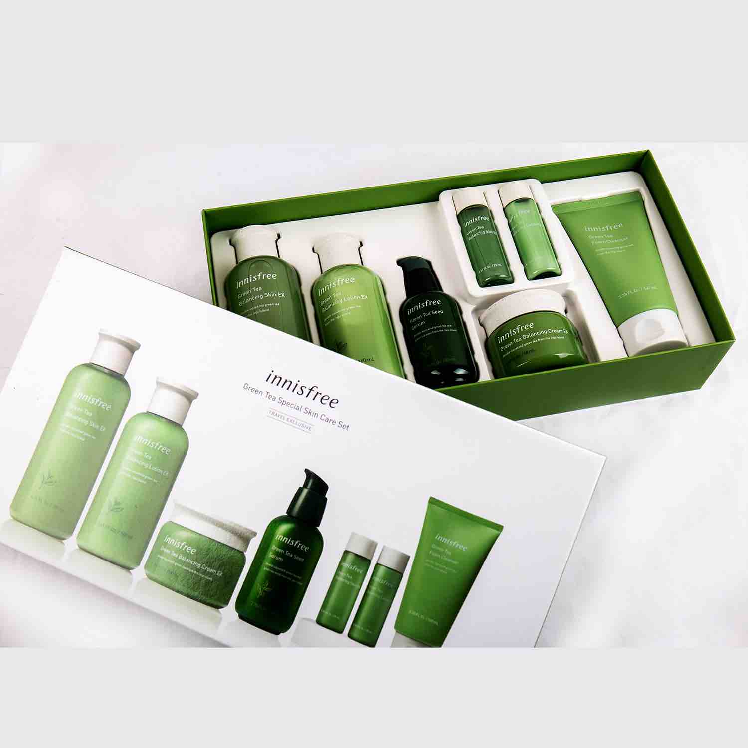 韩国 innisfree悦诗风吟 绿茶七件套补水保湿平衡水油洗面奶100ml爽肤水200ml乳液160ml精华80ml面霜50ml赠品爽肤水15ml+乳液15ml
