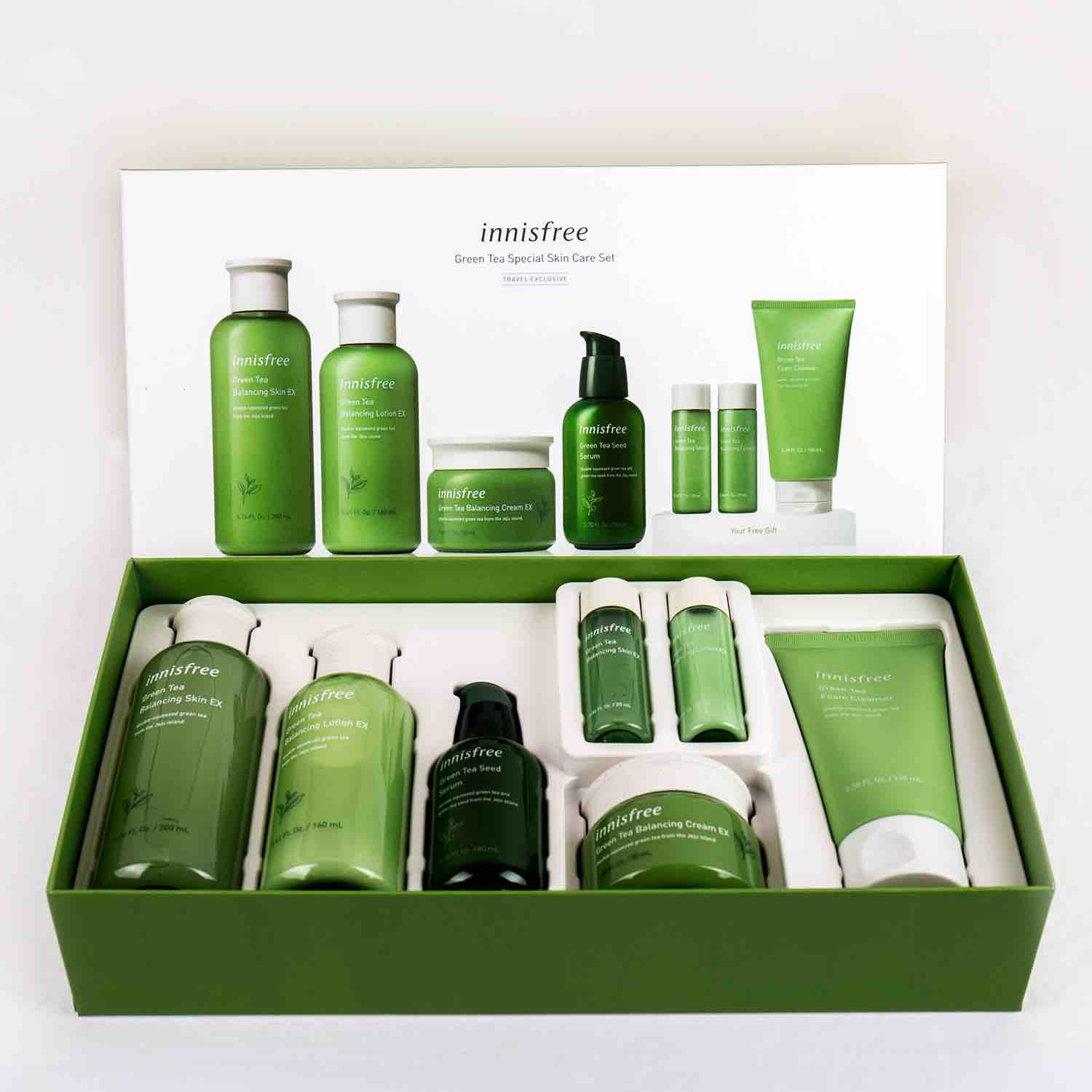 韩国 innisfree悦诗风吟 绿茶七件套补水保湿平衡水油洗面奶100ml爽肤水200ml乳液160ml精华80ml面霜50ml赠品爽肤水15ml+乳液15ml