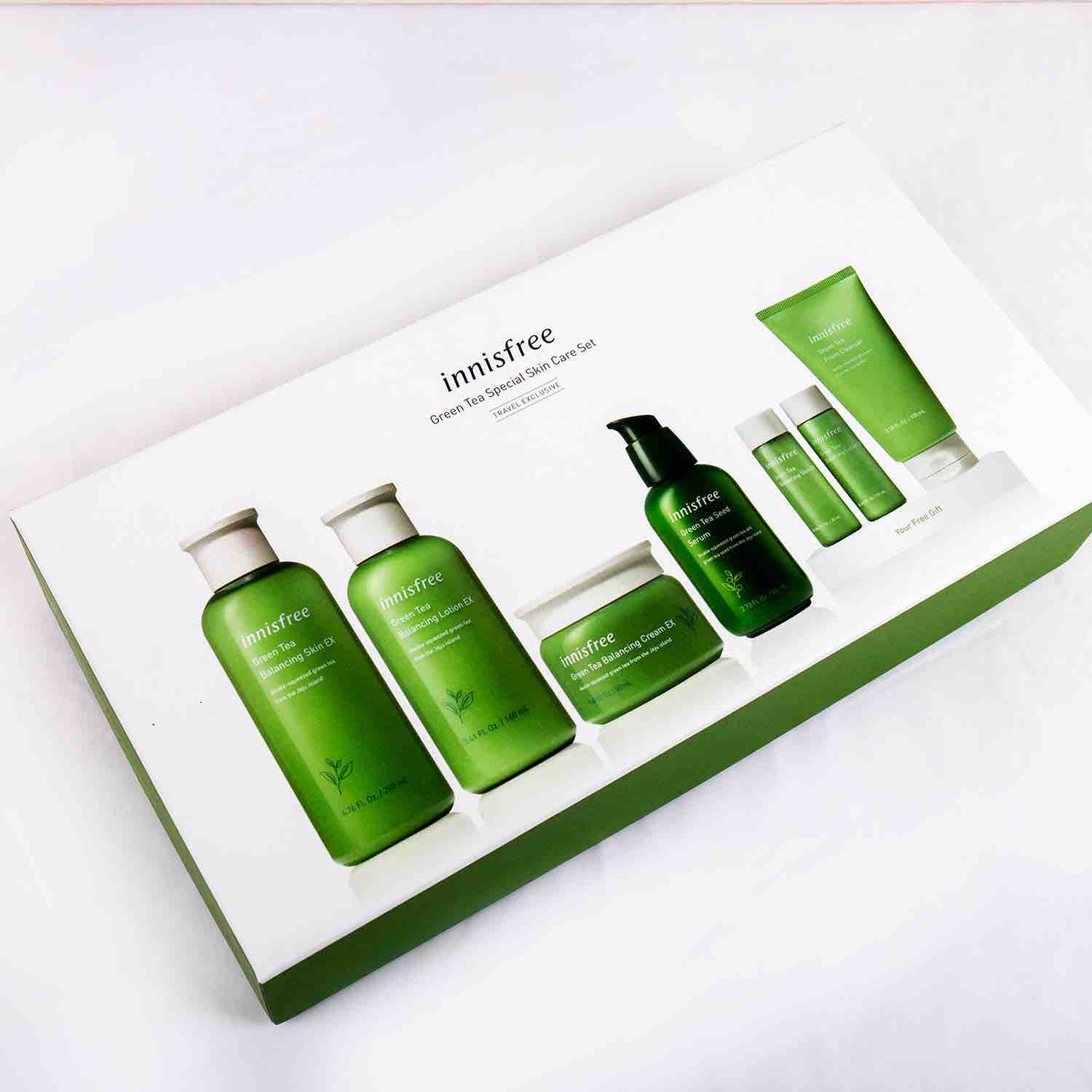 韩国 innisfree悦诗风吟 绿茶七件套补水保湿平衡水油洗面奶100ml爽肤水200ml乳液160ml精华80ml面霜50ml赠品爽肤水15ml+乳液15ml